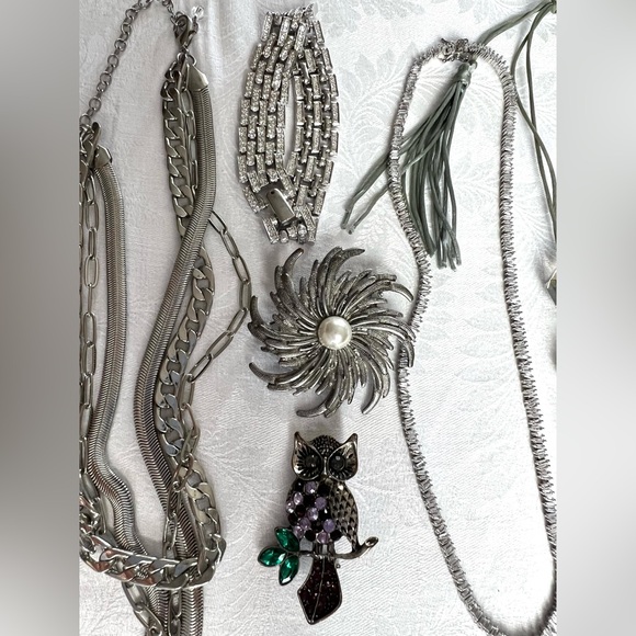 Silver Tone Jewelry Lot — Necklaces, Bracelets, Earrings, Brooches Set - Picture 7 of 16